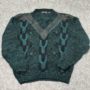 Vintage 80s 90s STREET SCENES Acrylic Abstract Ugly Green Sweater Men's Sz Large